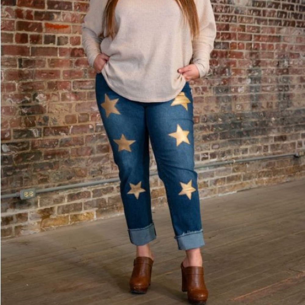 COPY - L&B Blue Jeans with Gold Start Patchwork Detail Plus Size 18